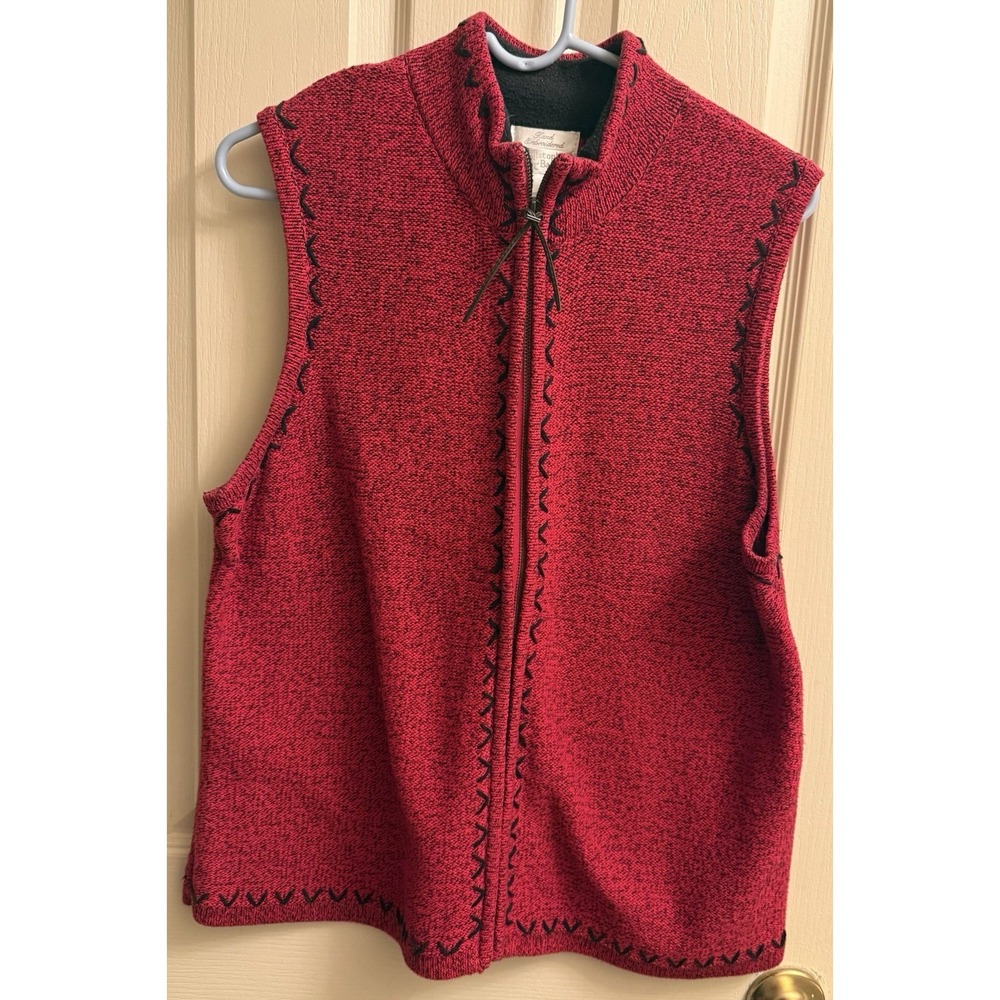 Christopher & Banks Sweater Vest Size‎ XL Zip Up Red Hand Embroidered Cotton EUC